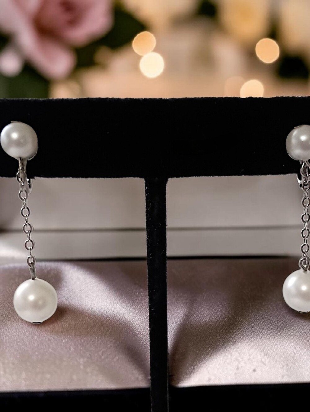 Vintage Faux Pearl Chain Dangle Earrings‎ Dainty Delicate Silver Tone Elegant